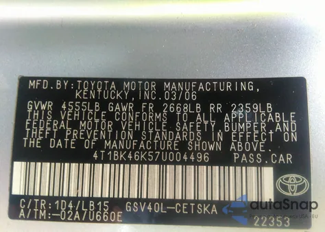 2007 Toyota Camry Se V6 z USA, uszkodzony, nr VIN 4T1BK46K57U004496